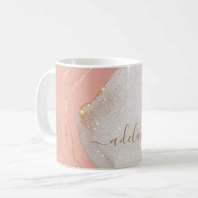 Chic Blush Pink Gold Glitter Monogram Script Name  Coffee Mug (Front Left)