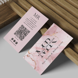Chic Blush Pink & Gold Marble Monogram and QR Code Business Card