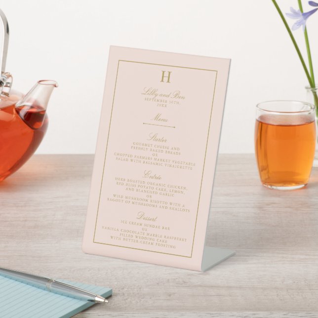Chic Blush Pink & Gold Wedding Menu Template Pedestal Sign (In SItu)