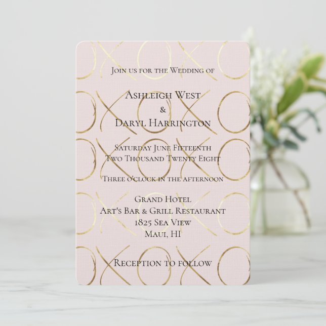 Chic Blush Pink Gold White XOXO Love Wedding Invitation (Standing Front)