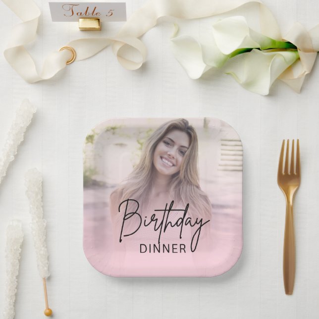 Chic Blush Pink Gradient Photo Birthday Dinner Paper Plate (Wedding)