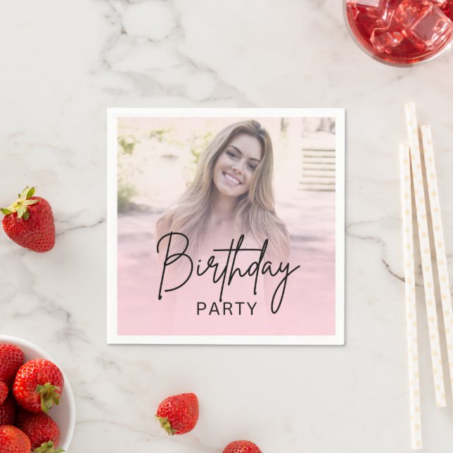 Chic Blush Pink Gradient Photo Birthday Napkin (Insitu)