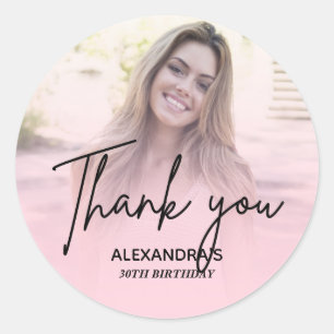 Chic Blush Pink Gradient Photo Birthday Thank you Classic Round Sticker