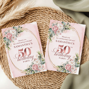 Chic Blush Pink Greenery 50th Birthday Thank You Card