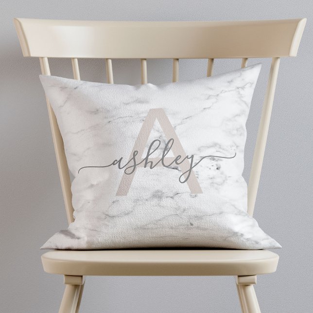 Chic Blush Pink & Grey Marble Name Monogram Cushion (Creator Uploaded)