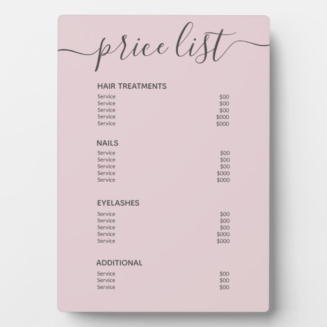 Chic Blush Pink Hair Salon Price List Service Menu Plaque (Front)