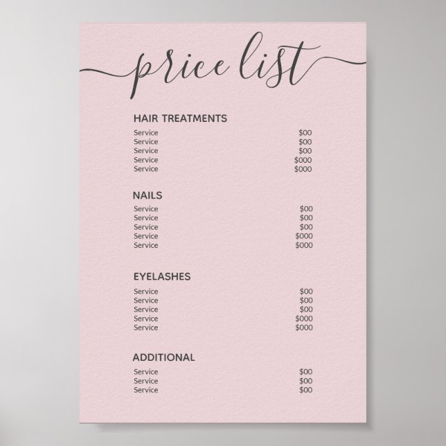 Chic Blush Pink Hair Salon Price List Service Menu Poster (Front)