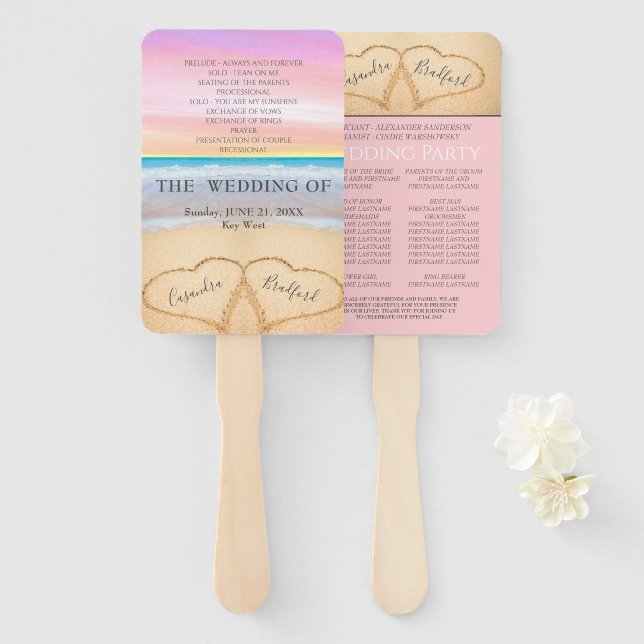 Chic Blush Pink Hearts Sand Beach Wedding Program Hand Fan (Front and Back)