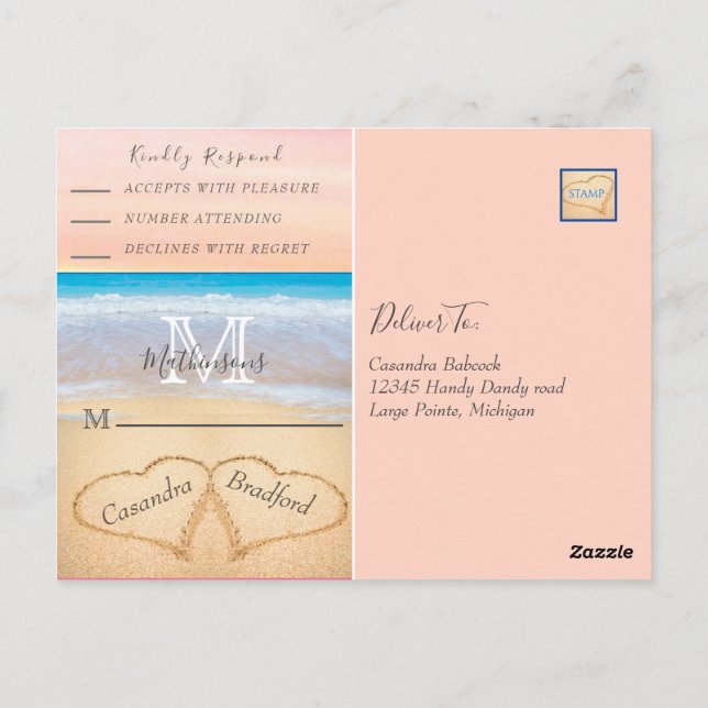 Chic Blush Pink Hearts Sand Beach Wedding RSVP Postcard (Back)