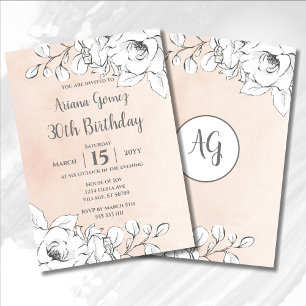 Chic Blush Pink Modern White Floral 30th Birthday Invitation