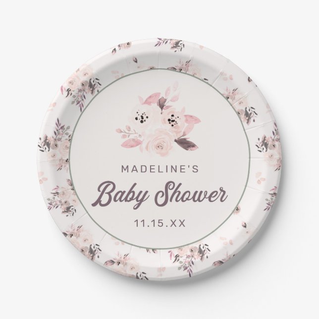 Chic Blush Pink Peach & Mauve Floral Baby Shower Paper Plate (Front)
