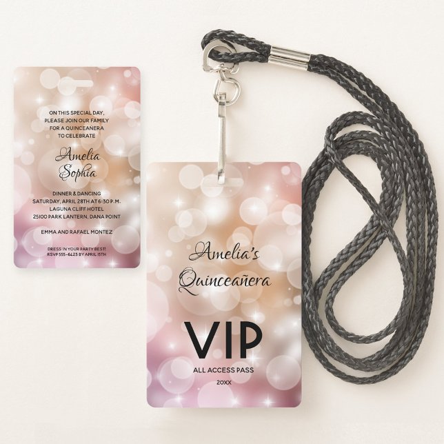 Chic Blush Pink Quinceañera Invite VIP Pass ID Badge (Creator Uploaded)