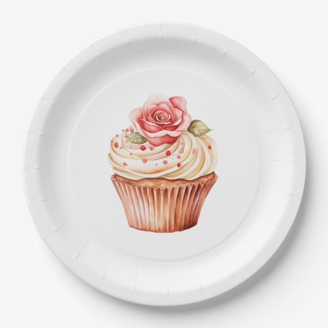 Chic Blush Pink Rose Cupcake Birthday Paper Plate (Front)