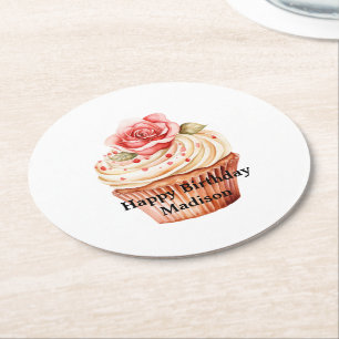 Chic Blush Pink Rose Cupcake Birthday Round Paper Coaster