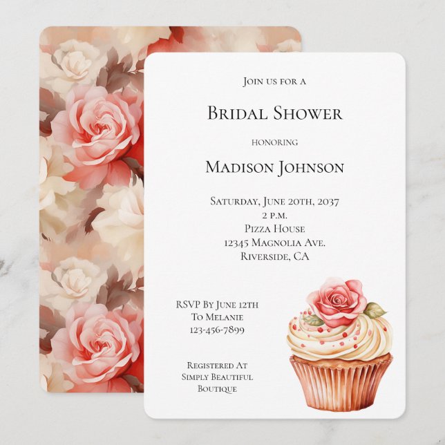 Chic Blush Pink Rose Cupcake Bridal Shower Invitation (Front/Back)