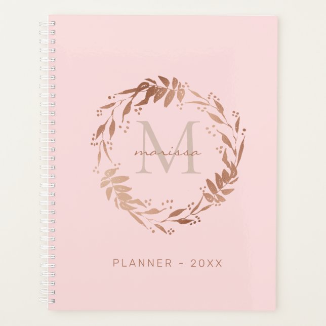 Chic Blush Pink Rose Gold Custom Monogram Planner (Front)