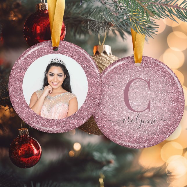 Chic Blush Pink | Rose Gold Glitter Monogram Photo Ceramic Tree Decoration (Chic Blush Pink | Rose Gold Glitter Monogram Photo Ceramic Ornament)