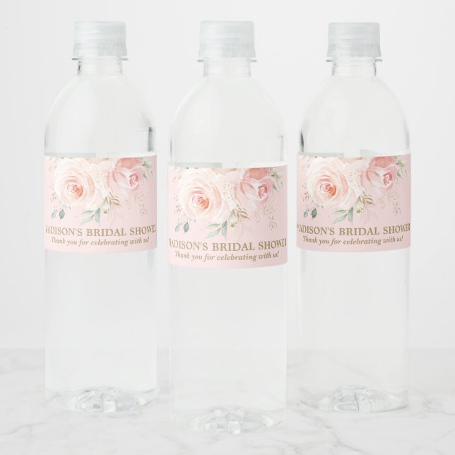 Chic Blush Pink Roses Floral Baby Bridal Shower Wa Water Bottle Label (Bottles)