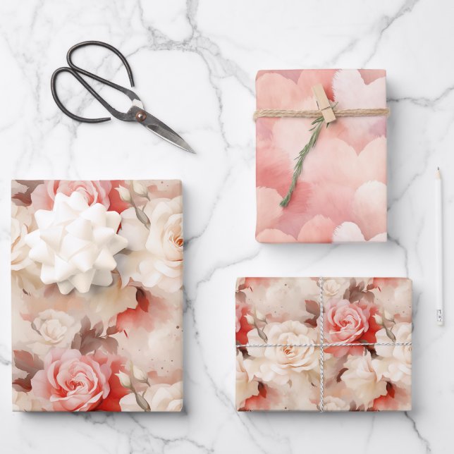 Chic Blush Pink Roses Floral Hearts Birthday Wrapping Paper Sheet (Front)