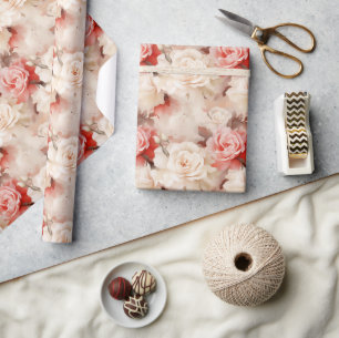 Chic Blush Pink Roses Floral Hearts Bridal Shower Wrapping Paper