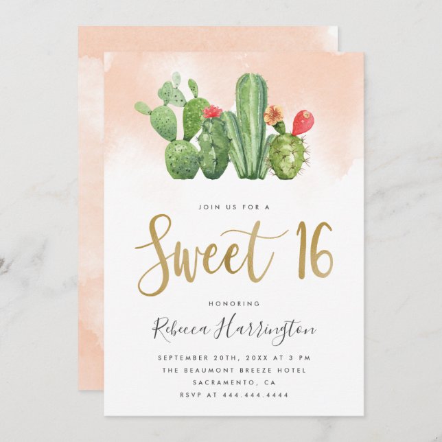 Chic Blush Pink Watercolor & Cactus Sweet 16 Invitation (Front/Back)