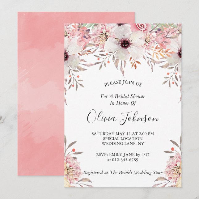 Chic Blush Pink Watercolor Floral Bridal Shower Invitation (Front/Back)