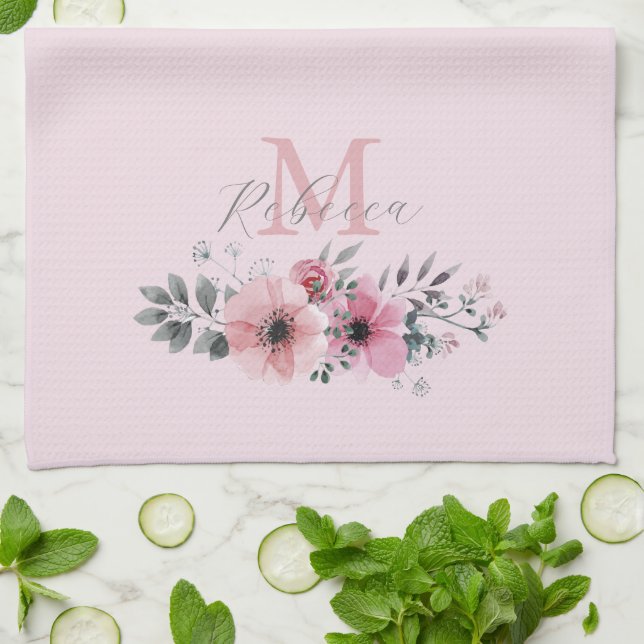 chic blush pink watercolor floral monogram tea towel (Folded)