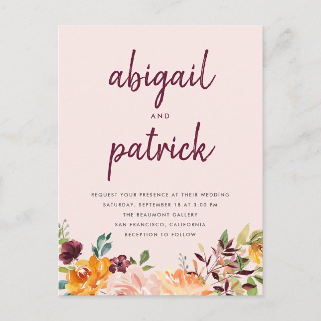 Chic Blush Pink Watercolor Floral Wedding Invitation Postcard (Front)