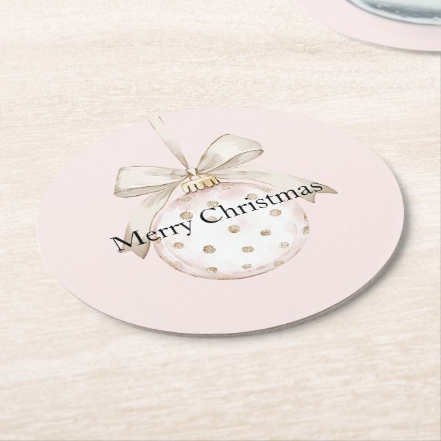 Chic Blush Pink White Dots Bow Ornament Christmas Round Paper Coaster (Angled)