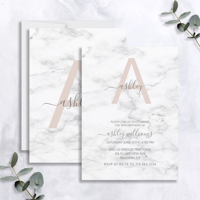Chic Blush Pink White Marble Monogram Birthday Invitation (Creator Uploaded)