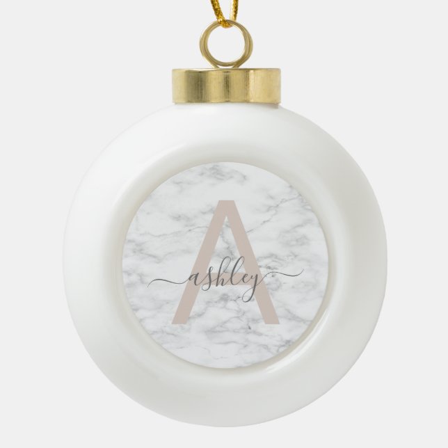 Chic Blush Pink White Marble Script Name Monogram Ceramic Ball Christmas Ornament (Front)