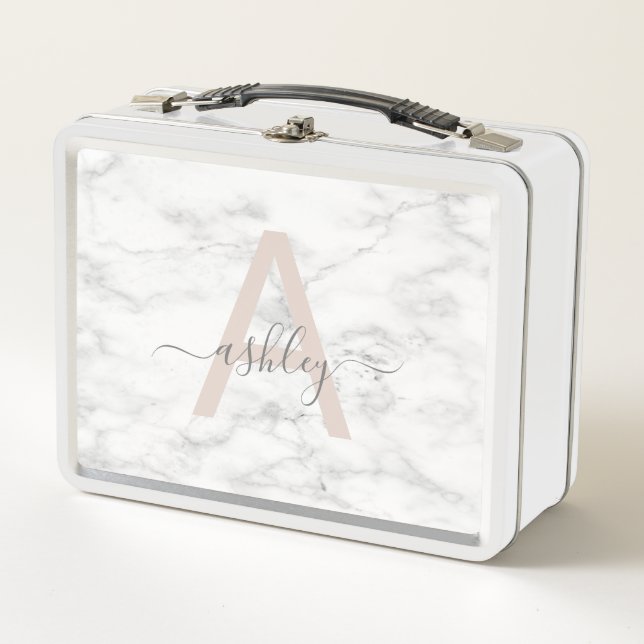 Chic Blush Pink White Marble Script Name Monogram Metal Lunch Box (Front)