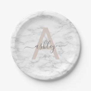 Chic Blush Pink White Marble Script Name Monogram Paper Plate