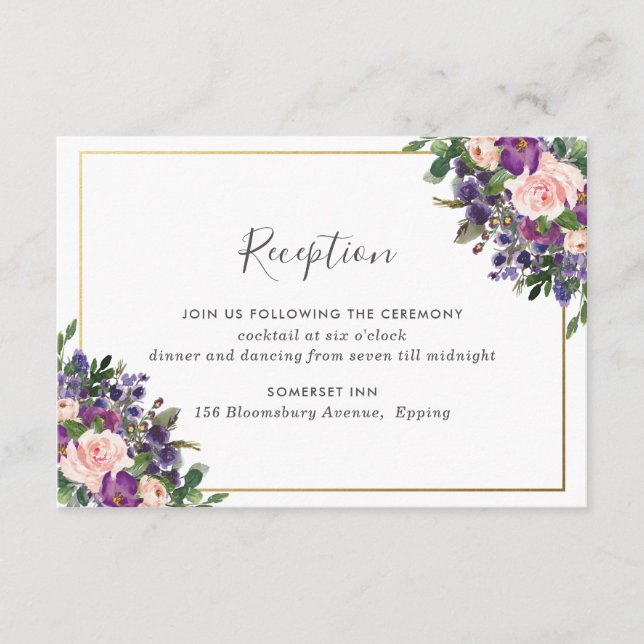 Chic Blush Plum Purple Floral Wedding Reception Enclosure Card (Front)