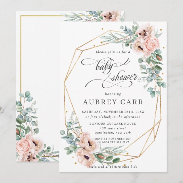 Chic Blush Poppy Floral Baby Shower Geometric Gold Invitation (Front/Back)