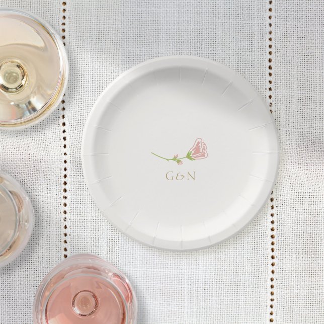 Chic Blush Rose Couple Initials Wedding Paper Plate (Creator Uploaded)