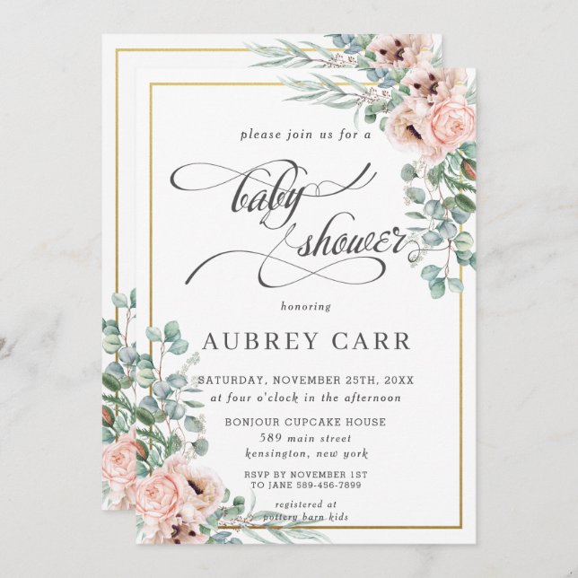 Chic Blush Rose Floral Baby Shower Geometric Gold Invitation (Front/Back)