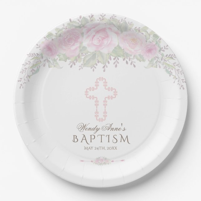 Chic Blush Rose Garden Floral Girl Christening Paper Plate (Front)