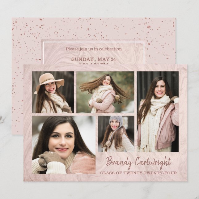 Chic Blush Rose Gold Marble Graduate 5-Photo Invitation (Front/Back)