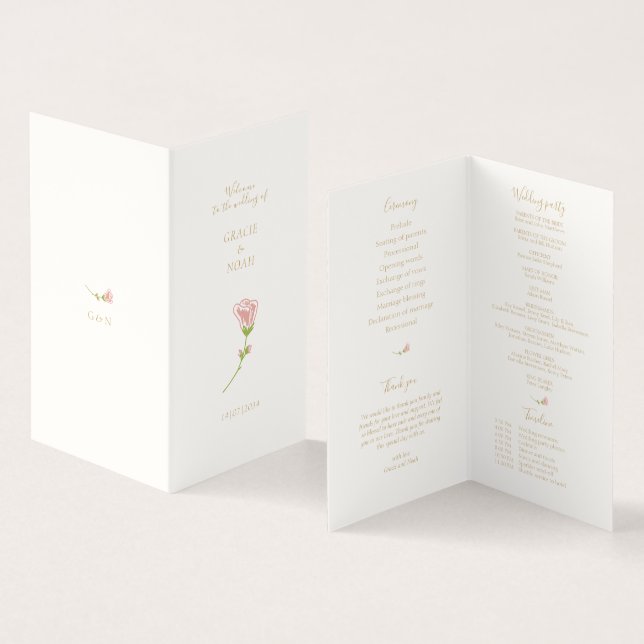 Chic Blush Rose Ivory Folded Card Wedding Program (Inside and Outside)