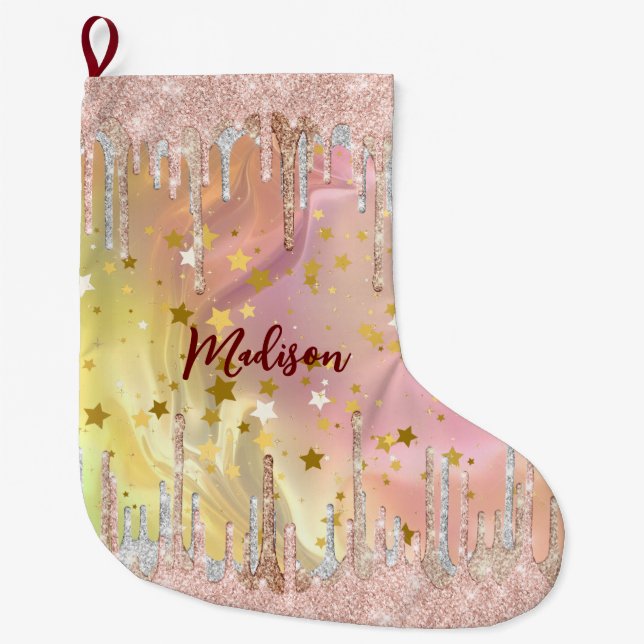 Chic blush rose unicorn dripping glitter large christmas stocking (Front)