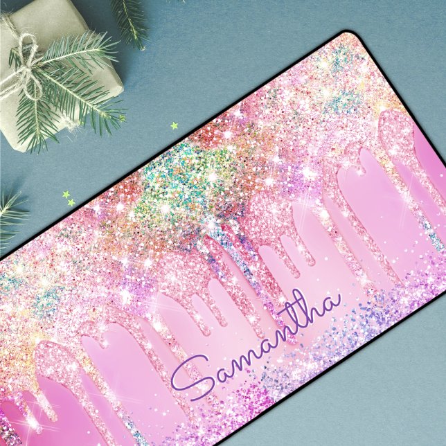 Chic blush rose unicorn dripping glitter monogram desk mat (Creator Uploaded)