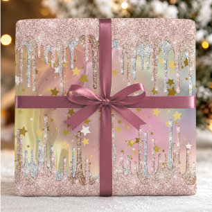 Chic blush rose unicorn dripping glitter wrapping paper