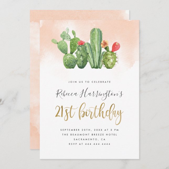 Chic Blush Watercolor & Cactus 21st Birthday Invitation (Front/Back)