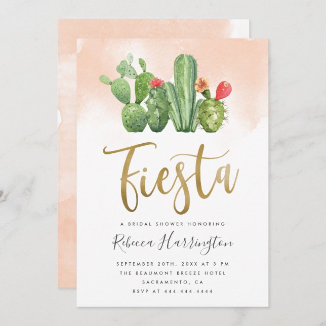 Chic Blush Watercolor Cactus Fiesta Bridal Shower Invitation (Front/Back)