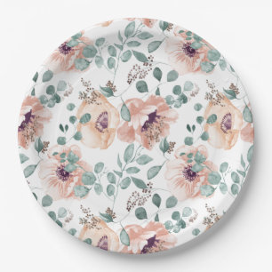Chic Blush Watercolor Flowers Paper Plates