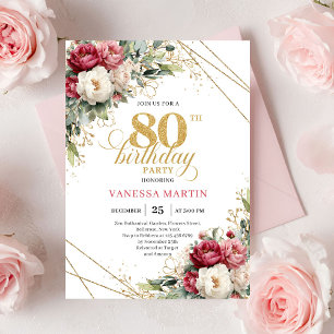 Chic Blush White Greenery 80th Birthday Invite