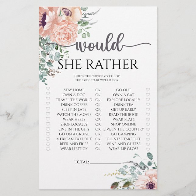 Chic blush Would she rather bridal shower game  (Front)