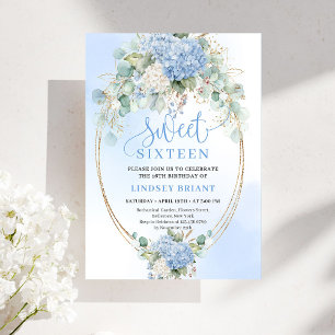Chic Bohemian Blue Floral Gold Sweet 16 Invite