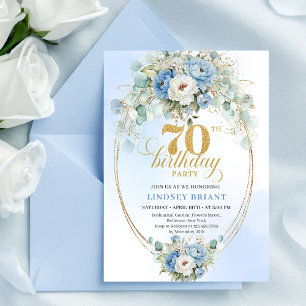 Chic Bohemian Blue Flowers and Gold 70th Birthday Invitation